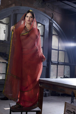 Diva in a transparent red sari fails to hide her large melons with dark nipples