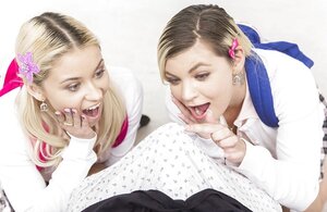 Gals beckoned by young and fresh man's boner give him a splendid double cock sucking till face cumshot