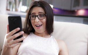 Sweetie Anya Olsen lures nerdy familiar Serena Blair into unplanned affair on couch