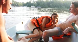 Fellas shake the boat while fucking lascivious girl from St. Petersburg together