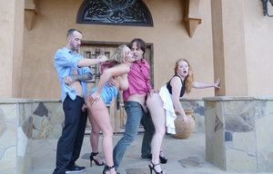 Redhead and plus blonde MILF share husband pluss' ramrods during foursome on the porch