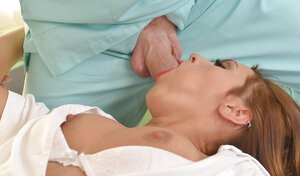 Sinful MILF in white stockings gives head to a pair of depraved doctors till cumshot on face