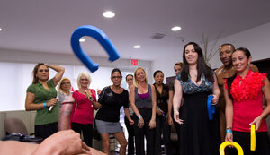 Broads get a hard cock served up at a kinky party today