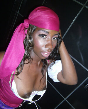 Charming black legal teen role plays as a pirate to play with her kitty