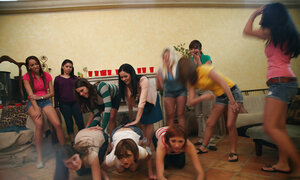 Charming sorority pledges admire a sensual lesbian 3-way in lingerie