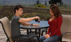 Charity Makes love gives her beau a fellation on the terrace tabletop