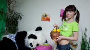 Pretty face 18-19 year old sucking a Huge Dildo PANDA off and riding it