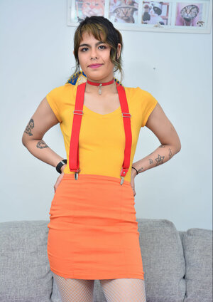 Lulu Ninfo shows little boobs and fucks Mario Leon in fishnets