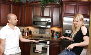 Classy blonde with an expressive face jerks off a daddy