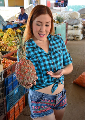 Redhead Catalina Colorado shops fruit in tight plaid shirt