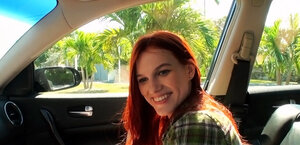 Redheaded chick who looks grungy ends up satisfying orally in car